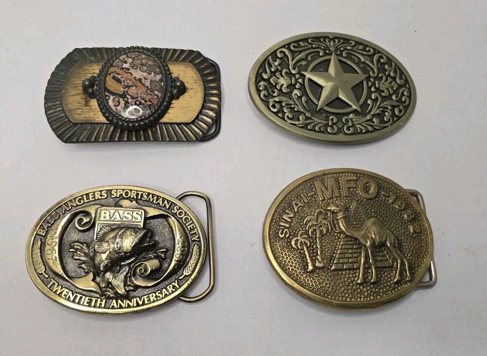 Lot of 4 Vintage Brass Western Belt Buckles Bass Texas Camel Jasper Stone